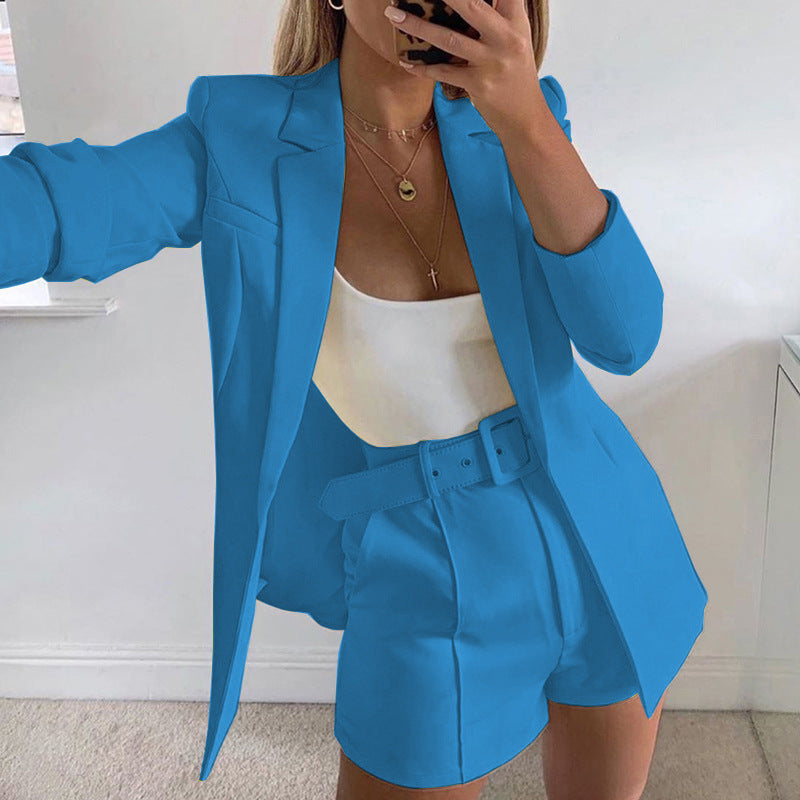 Costume couleur unie Blazer col manteau short droit tempérament femme