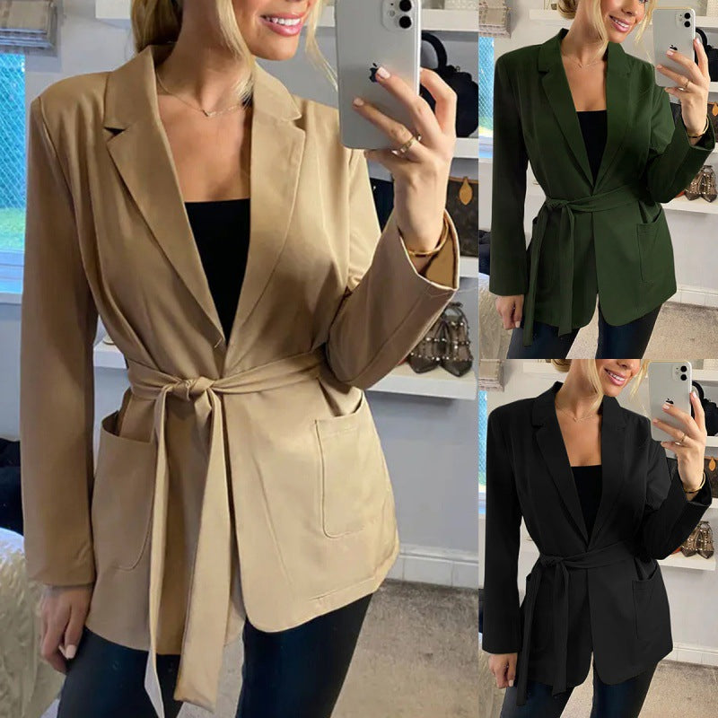 Women's Fashion Pure Color Tied Pocket Small Suit Jacket