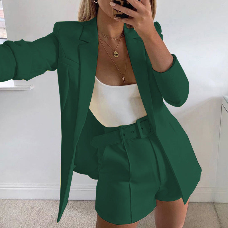 Costume couleur unie Blazer col manteau short droit tempérament femme