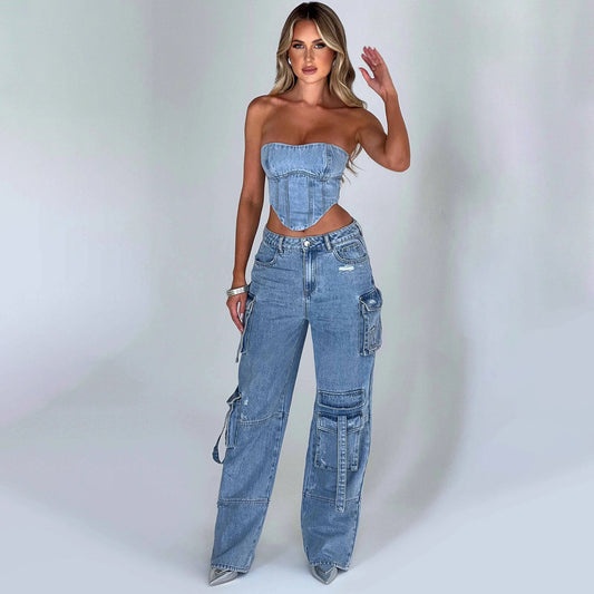 Jean taille basse de style américain pour femmes, avec coutures de poche en trois dimensions