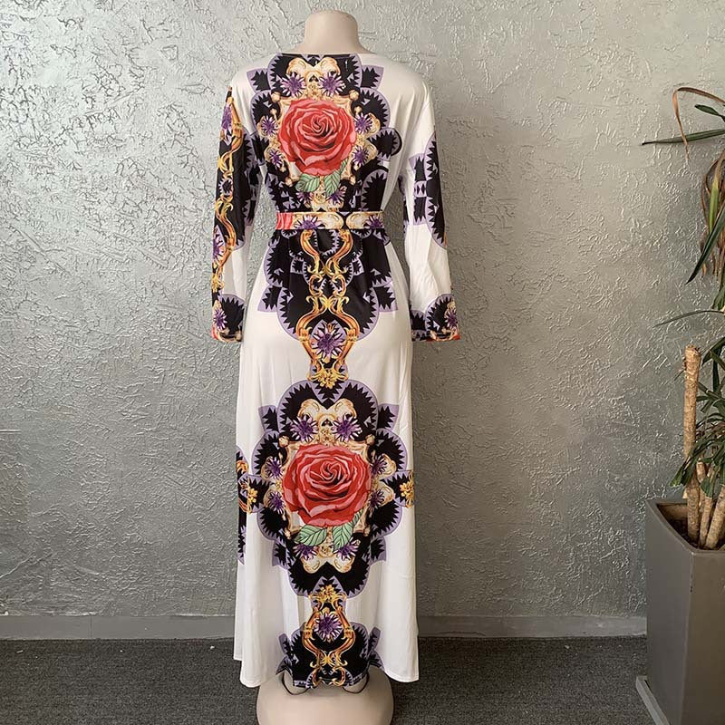 Robe longue à imprimé numérique rose à grandes fleurs, manches à la taille, col rond, vêtements pour femmes africaines