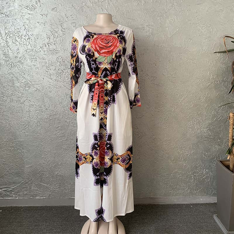 Robe longue à imprimé numérique rose à grandes fleurs, manches à la taille, col rond, vêtements pour femmes africaines