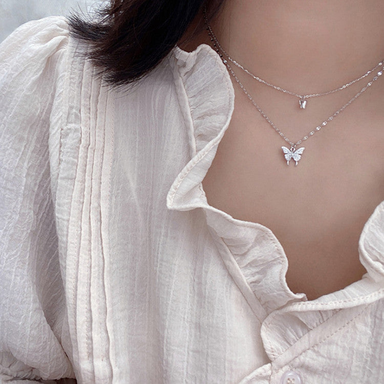 Fashion Jewelry Elegant Silver Color Shiny Butterfly Necklaces Ladies Exquisite Double Layer Clavicle Chain Necklace Jewelry Gift