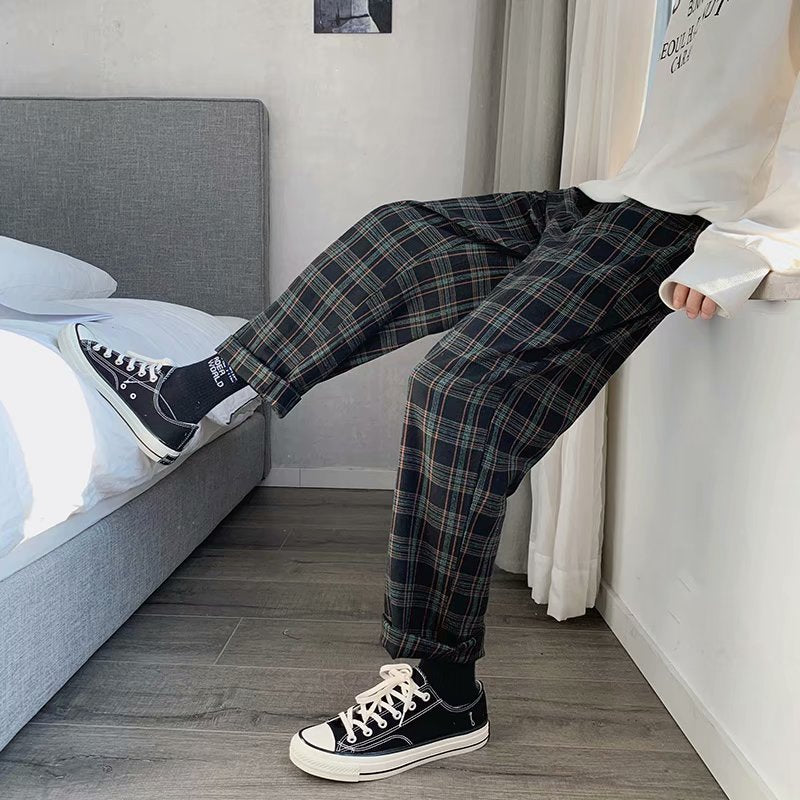 Boys Plaid Casual Pants Korean Style Loose Harem Pants Men