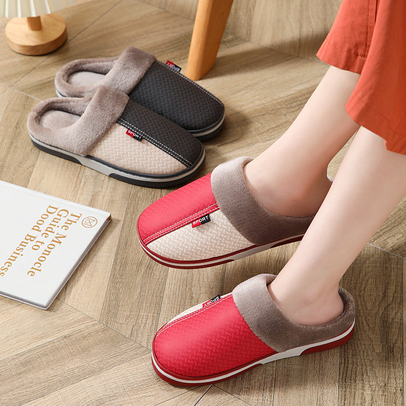 Winter Couple Cotton PU Leather Slippers Waterproof Home Indoor Keeping Cotton Slippers Wholesale