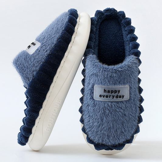 Home Slippers For Men Thick-soled Color-block Letters Fluffy Fleece House Shoes Winter Indoor Warm Slip On Floor Bedroom Slipper