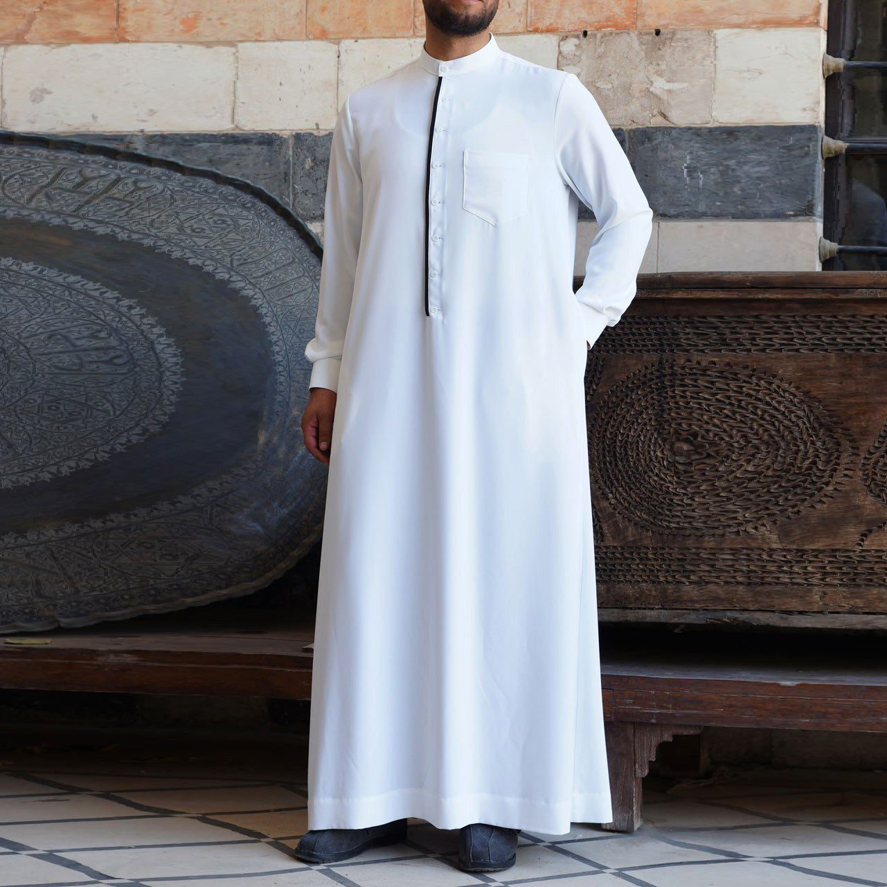 Men's Fashion Casual White Button Down Muslim Robe