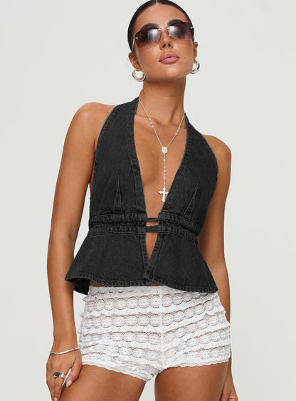 Sexy Washed Denim Exposed Back Halter Lace-up Sexy Hot Girl Denim Top