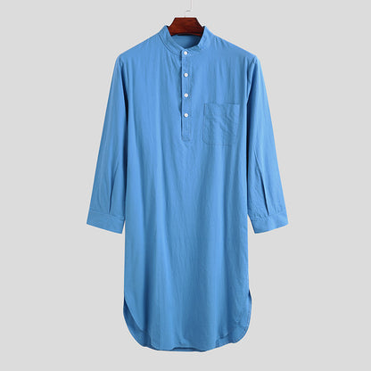 Men's Long Sleeve Button Solid Color Shirt Robe