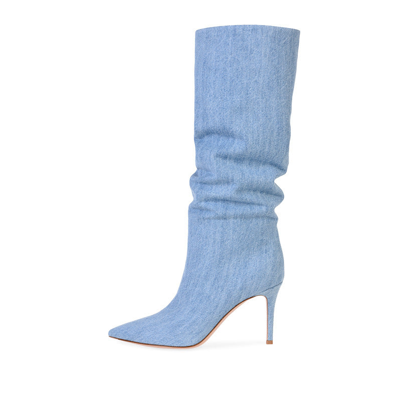 Denim knee high boots