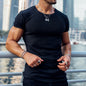 Men's Summer Sports Fitness Casual Stand Collar Elastic Vertical Bar Round Neck Short Sleeve T-shirt