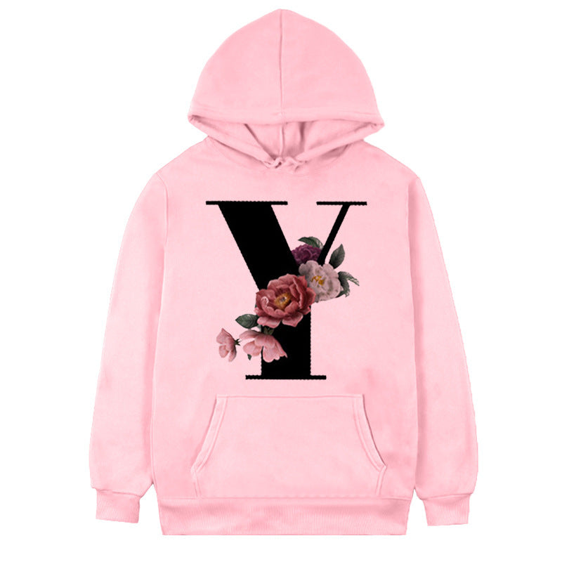 Women's 26-letter Flowers Printed Fleece Hoodie