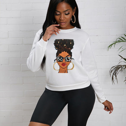 Fashion Printed Long-sleeved Fleece Crewneck - Black Sweater