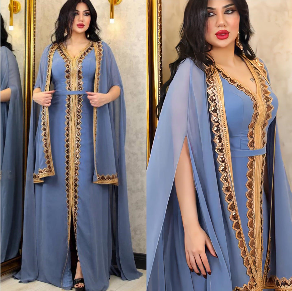 Middle East Muslim Women's Wear Sequined Gown Suit Dress Cape Robe