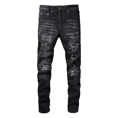 Black Cashew Flower Printed Patch Torn Jeans For Men