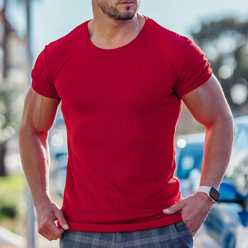 Men's Summer Sports Fitness Casual Stand Collar Elastic Vertical Bar Round Neck Short Sleeve T-shirt