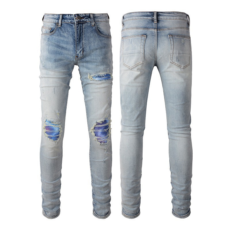 Light Blue Broken Hole Colorful Gradient Patch Slim Stretch Jeans