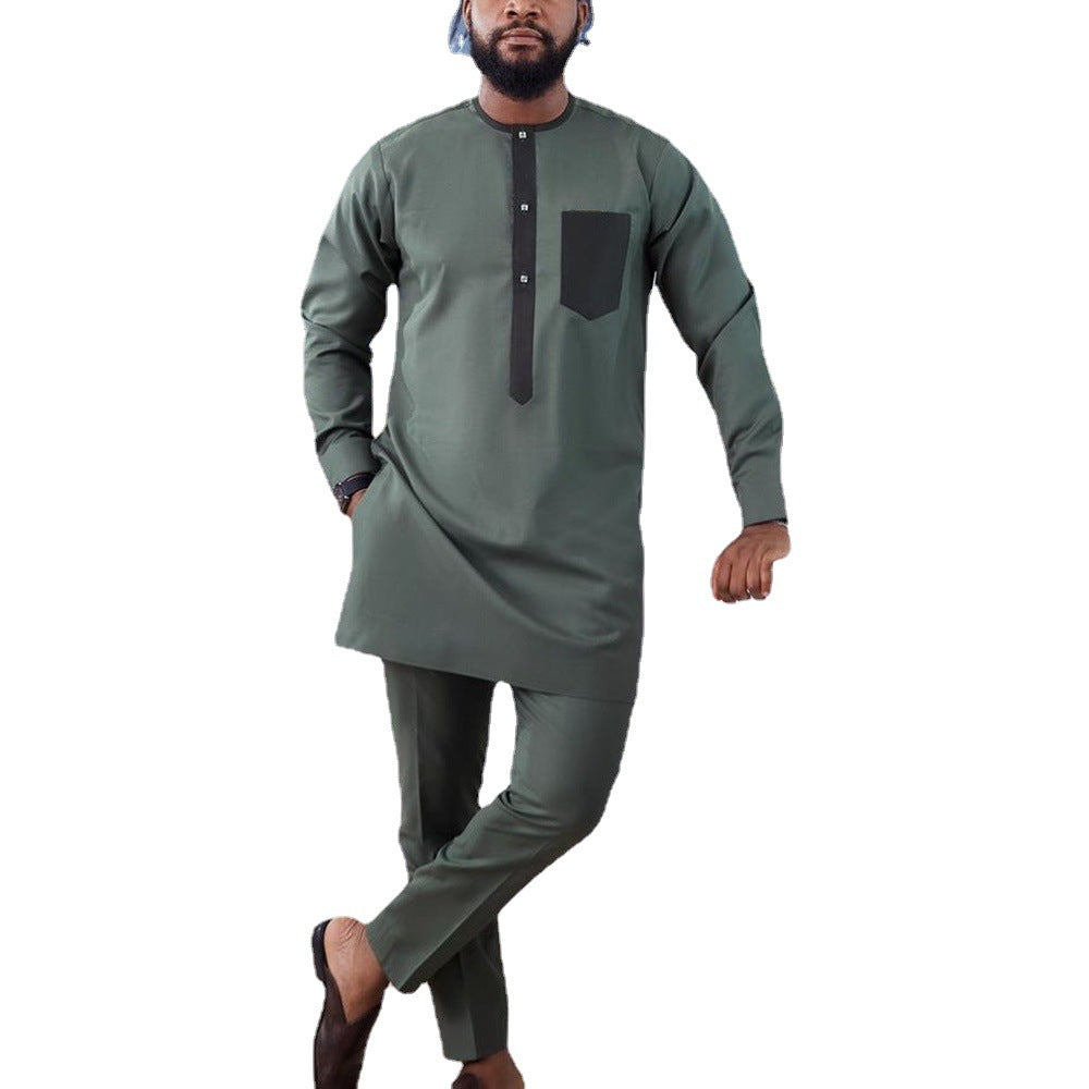 Pocket Button Men's Long Sleeve Top Trousers Suit