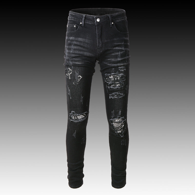 Men's Black Paisley Printed Patch Ripped Jeans