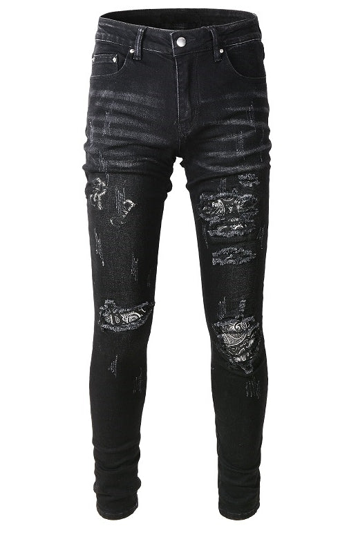 Black Cashew Flower Printed Patch Torn Jeans For Men