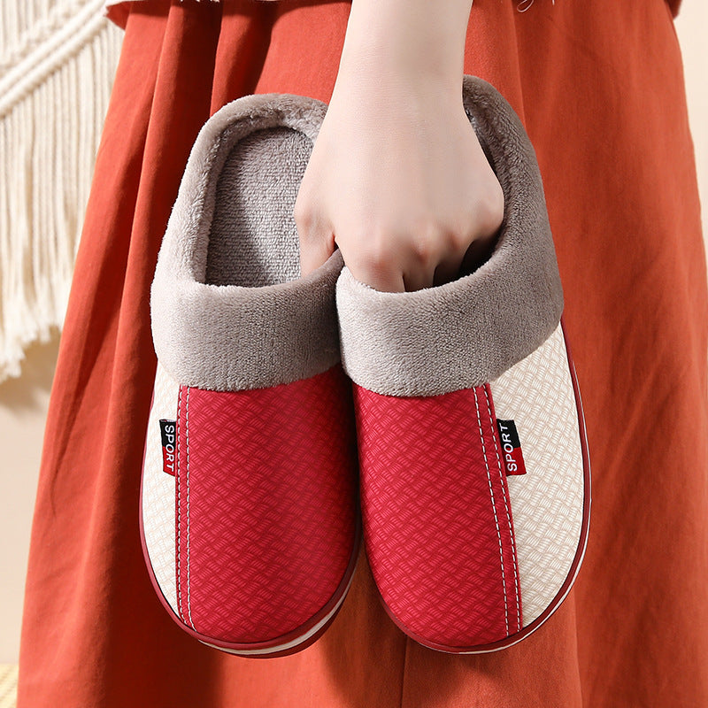 Winter Couple Cotton PU Leather Slippers Waterproof Home Indoor Keeping Cotton Slippers Wholesale