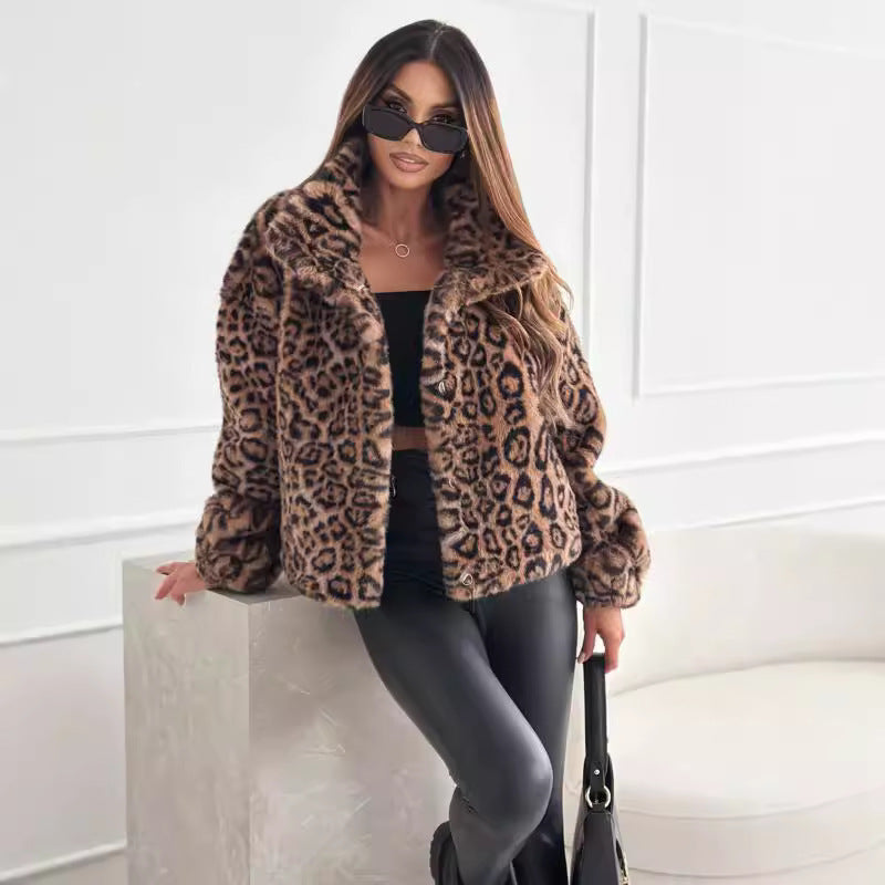 Fashion Personality New Autumn And Winter Fur Leopard Print Lapel Short Coat