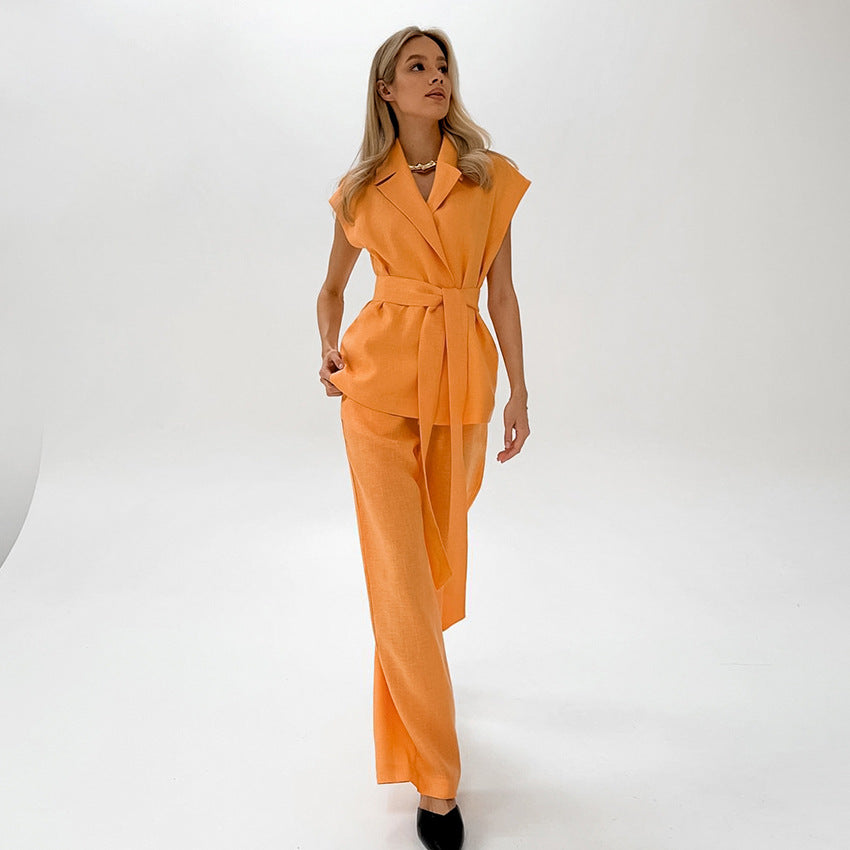 Ensemble deux pièces chemise à lacets sans manches orange