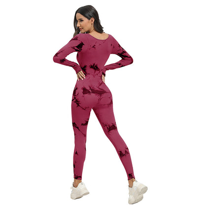 New Tie-dye Square Collar Long Sleeve Sports Seamless Yoga Bodysuit