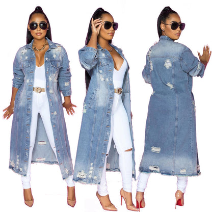 Lapel Style Women's Washed Loose Hole Top Denim Jacket