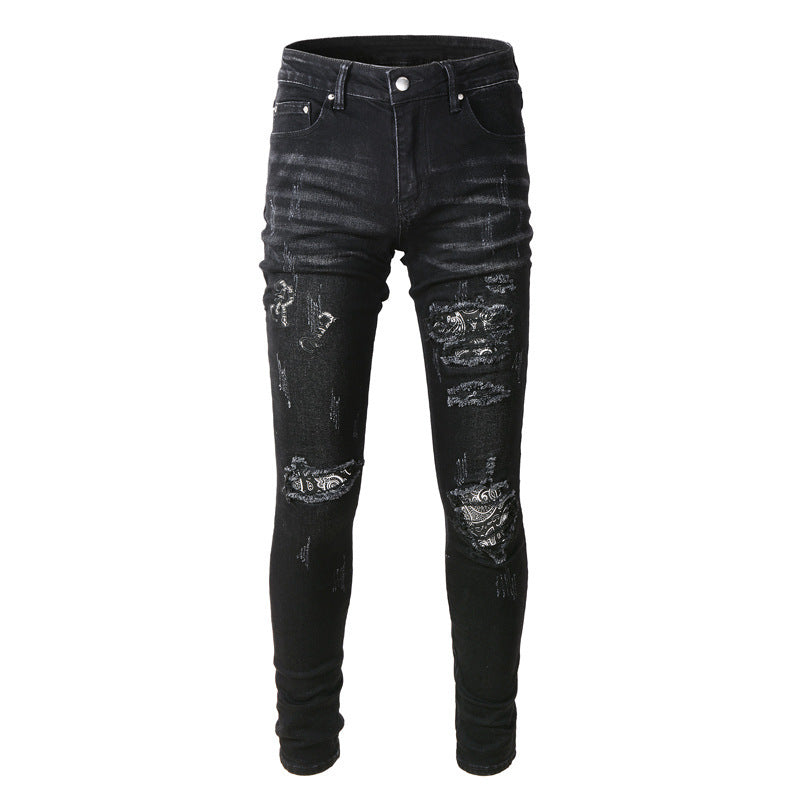 Men's Black Paisley Printed Patch Ripped Jeans