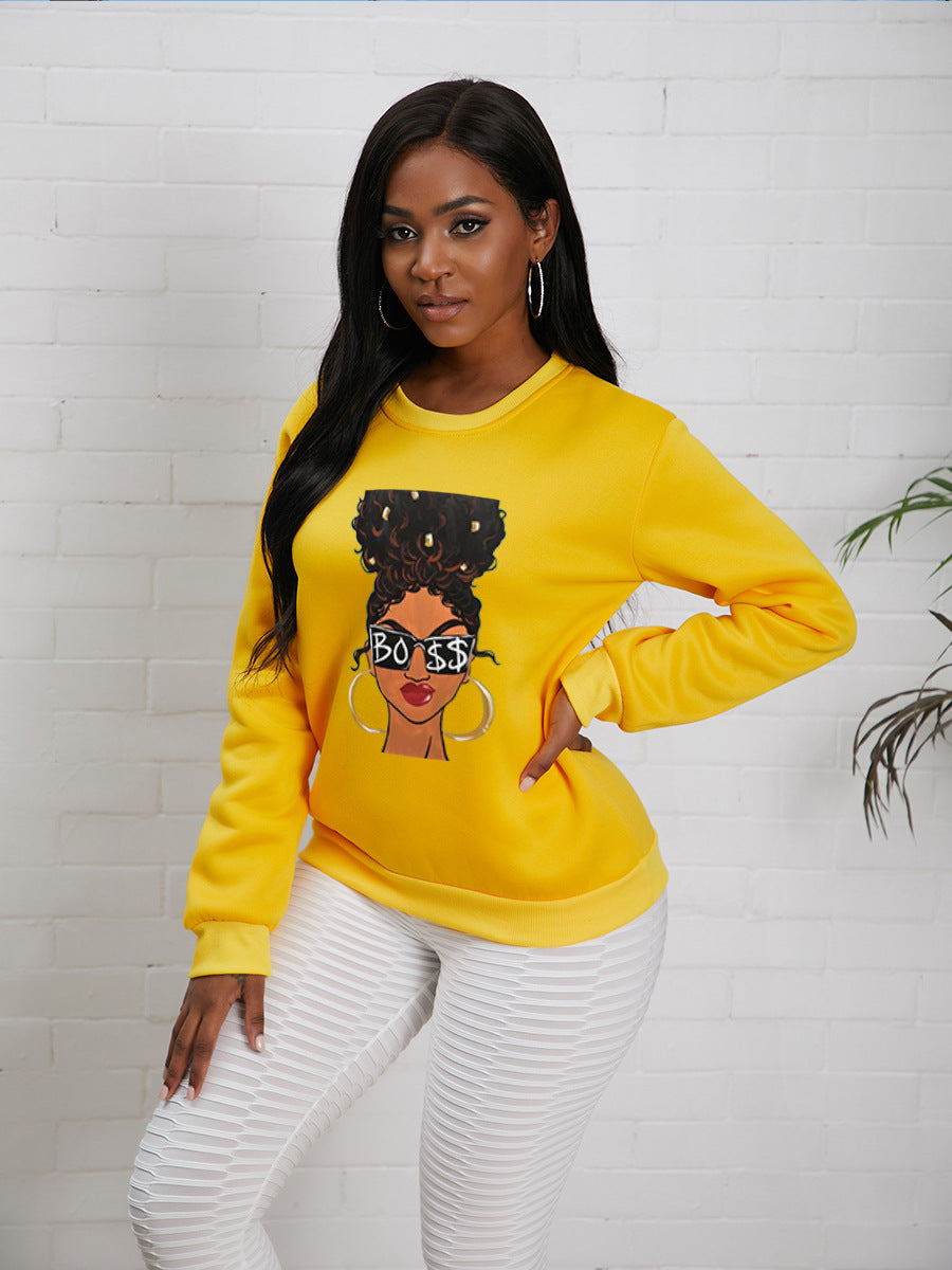 Fashion Printed Long-sleeved Fleece Crewneck Yellow Sweater