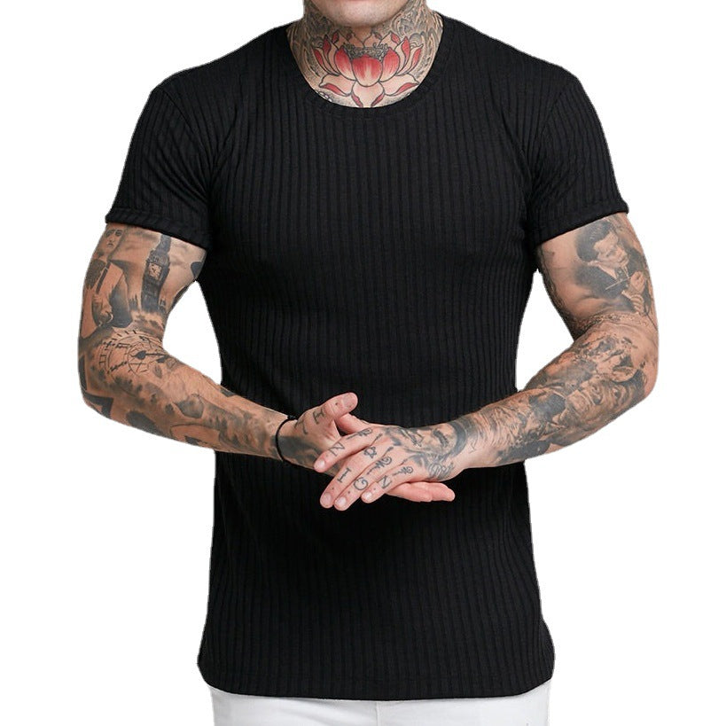 Men's Summer Sports Fitness Casual Stand Collar Elastic Vertical Bar Round Neck Short Sleeve T-shirt