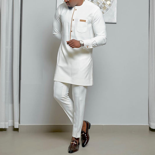 Nouveau Costume blanc 2 pièces pour hommes de Style ethnique africain