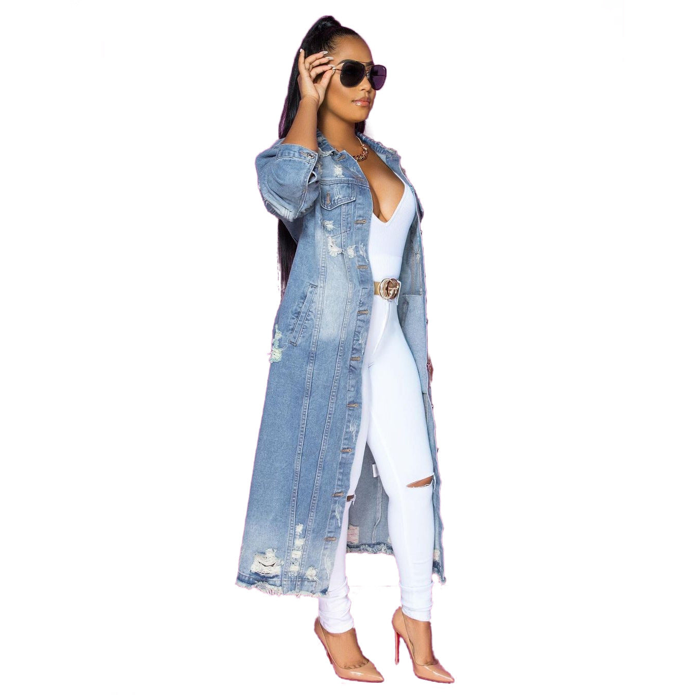 Lapel Style Women's Washed Loose Hole Top Denim Jacket