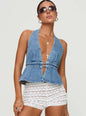 Sexy Washed Denim Exposed Back Halter Lace-up Sexy Hot Girl Denim Top